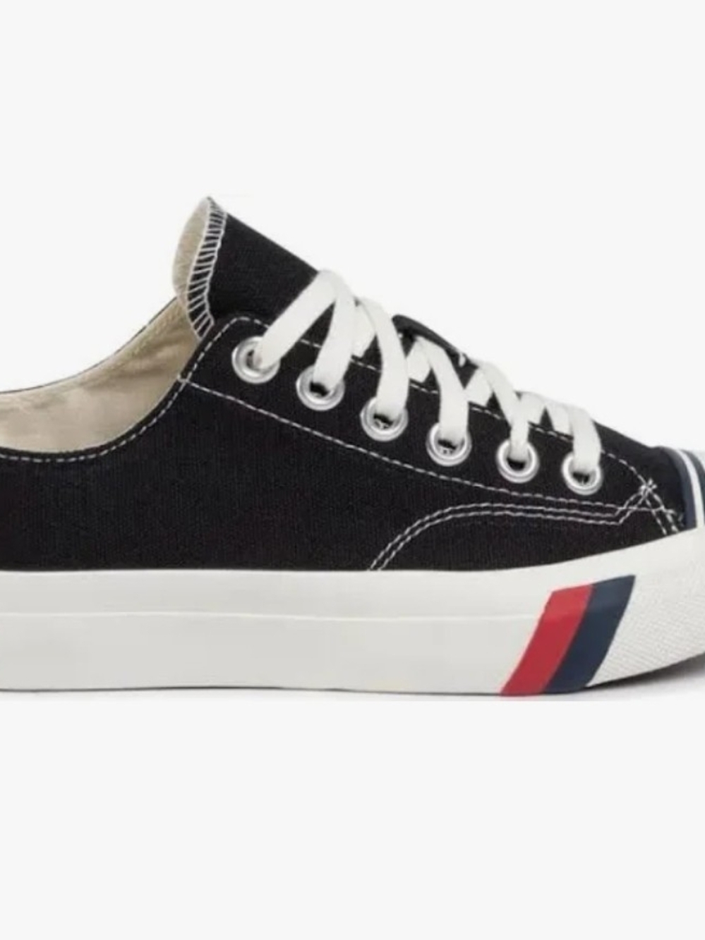 Black Canvas Low-Top Sneakers with White Laces and Red & Blue Sole Accents